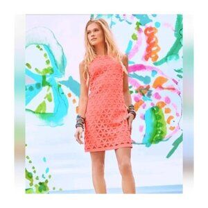 Lilly Pulitzer Mango Shift Dress Scuba Ponte Daisy Laser Cut in Pink Sun Ray